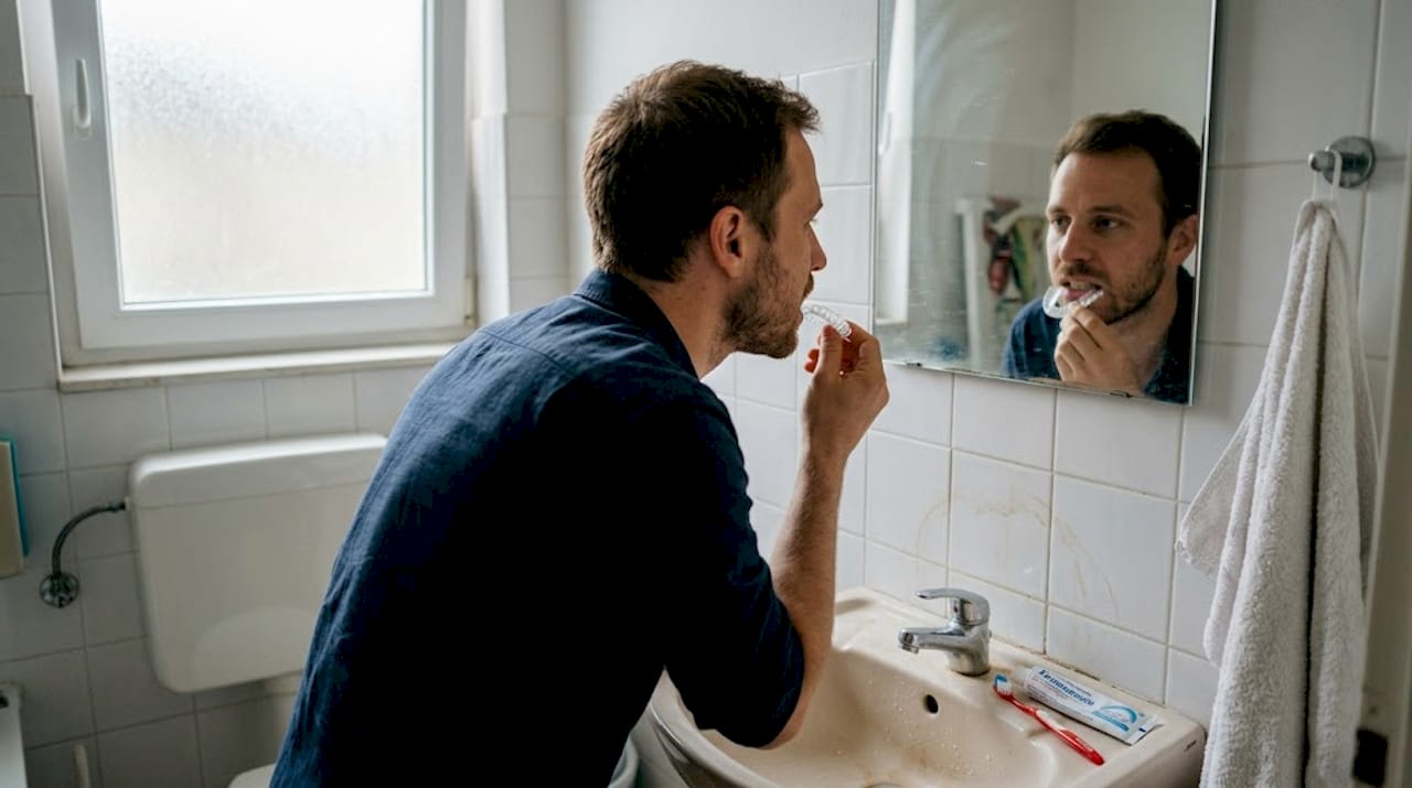 Moški si namešča zobni opornik za beljenje zob.