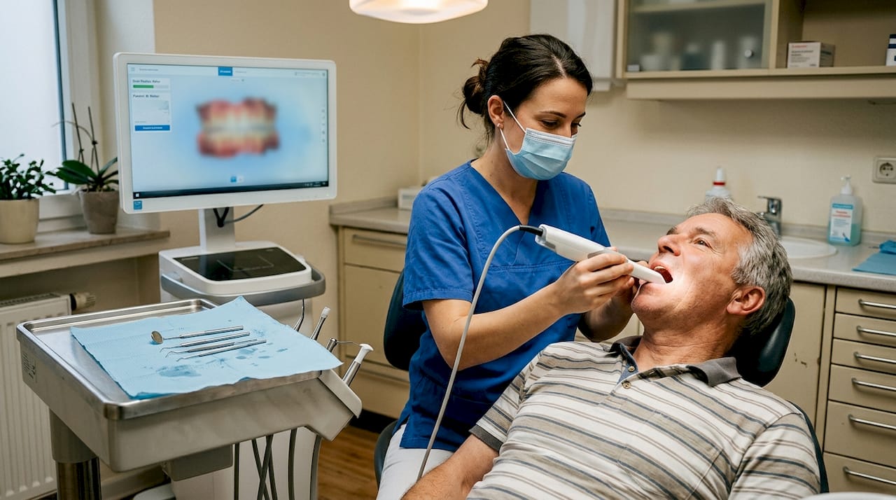 Eine zahnmedizinische Fachkraft erstellt mithilfe eines 3D-Intraoralscanners präzise digitale Abbildungen der Zähne.