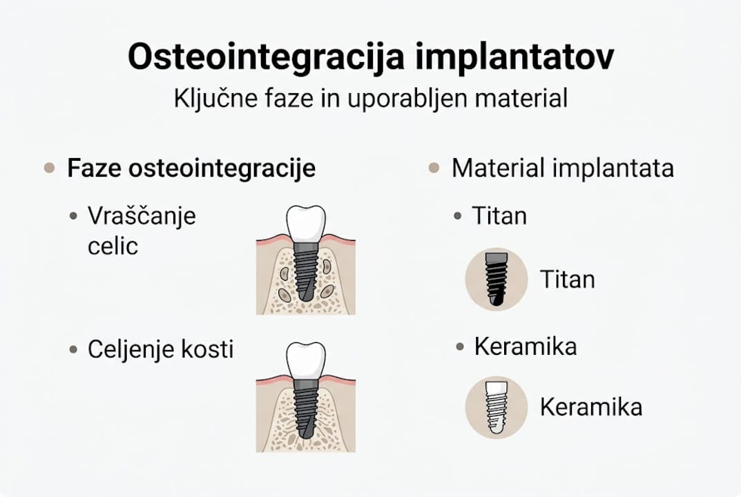 Infografika: potek osteointegracije in uporabljeni materiali