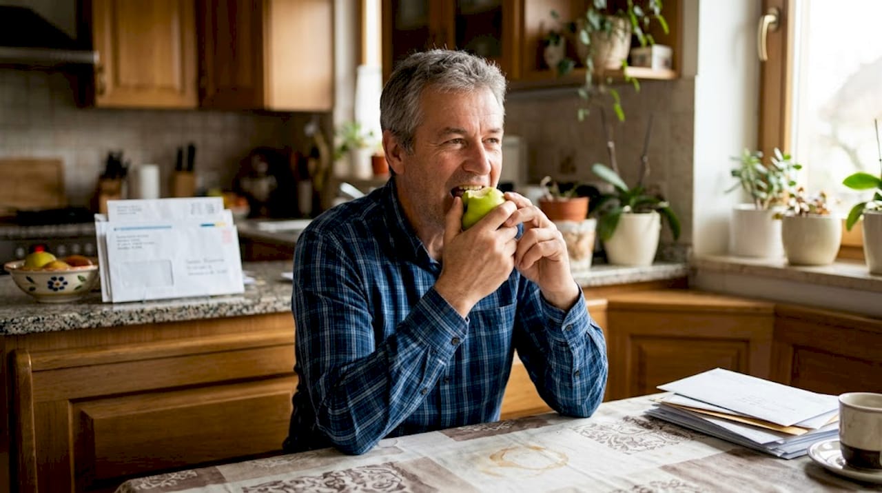 Moški med ugrizom v jabolko pokaže svoj zobni implantat.