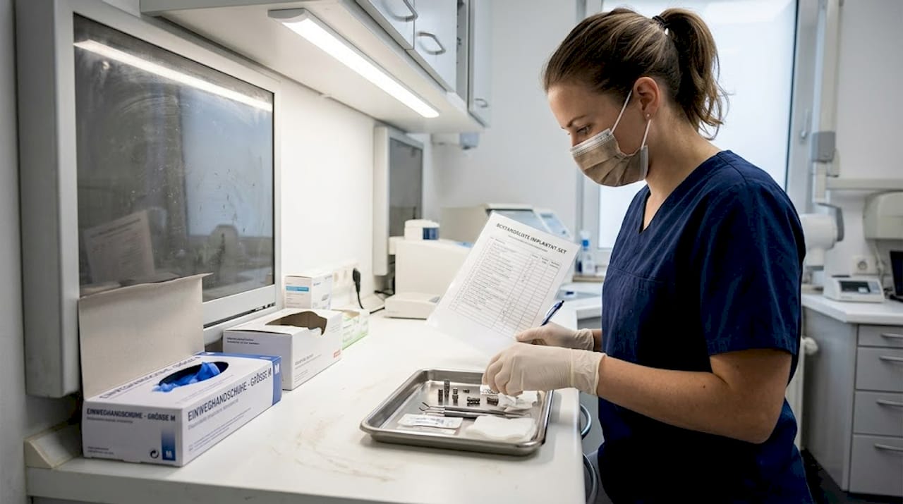 Eine zahnmedizinische Fachangestellte richtet das Instrumententablett für das Einsetzen eines Implantats her.