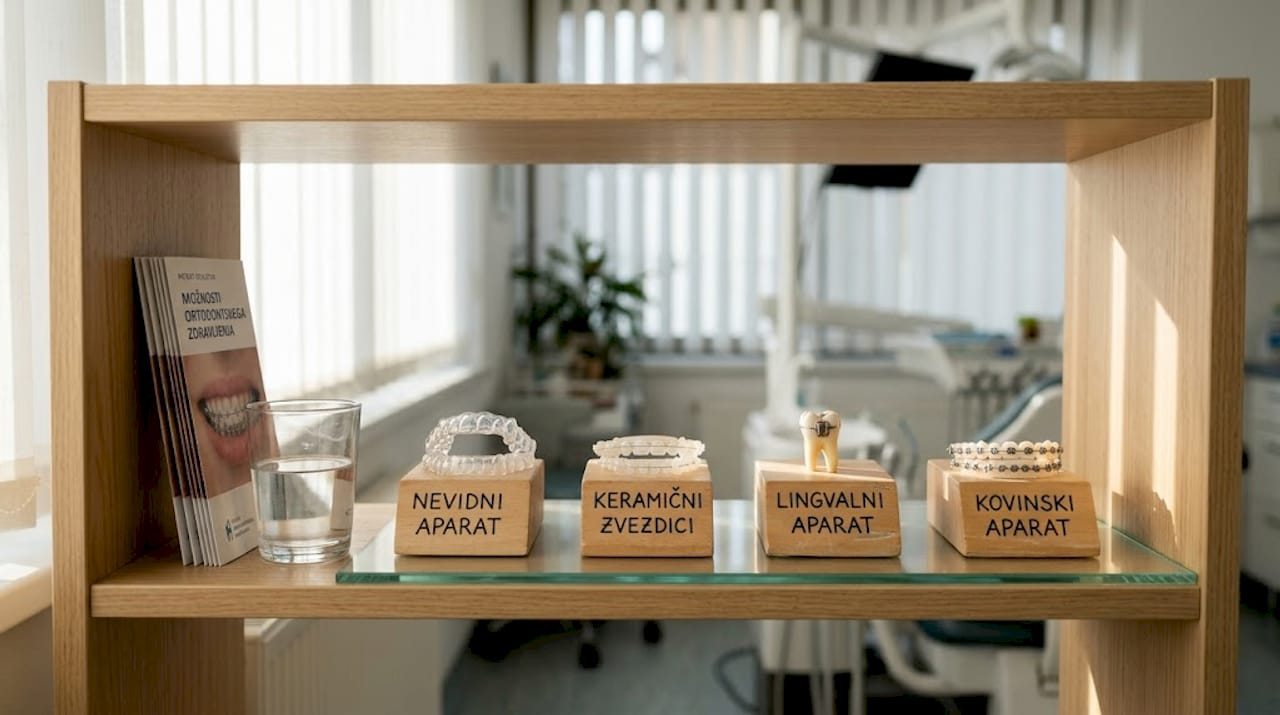 Na polici so razstavljeni različni ortodontski pripomočki.