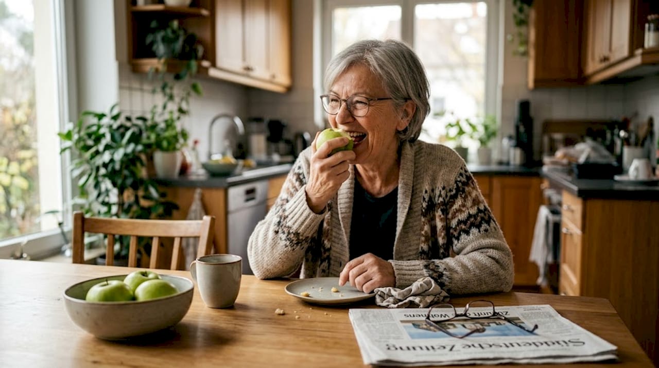 Eine lächelnde Seniorin genießt einen knackigen Apfel – dank ihrer Zahnprothese.