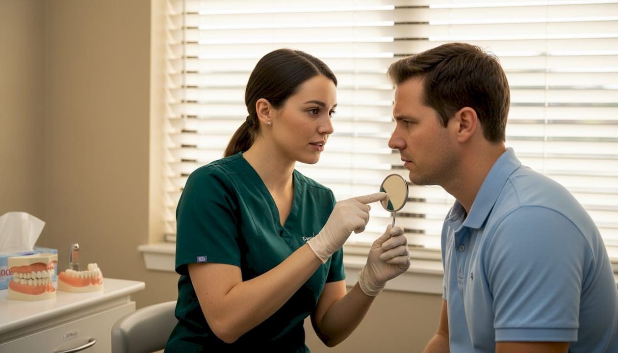 Zobna higieničarka pacientu pojasnjuje, kako nastane karies in zakaj je pomembno skrbeti za zdrave zobe.