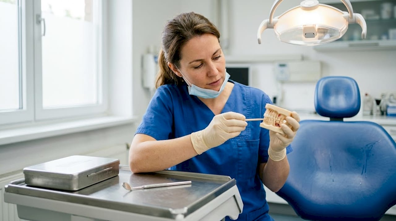 Während des Beratungsgesprächs erklärt die Zahnärztin anschaulich am Kiefermodell die Behandlungsmöglichkeiten.