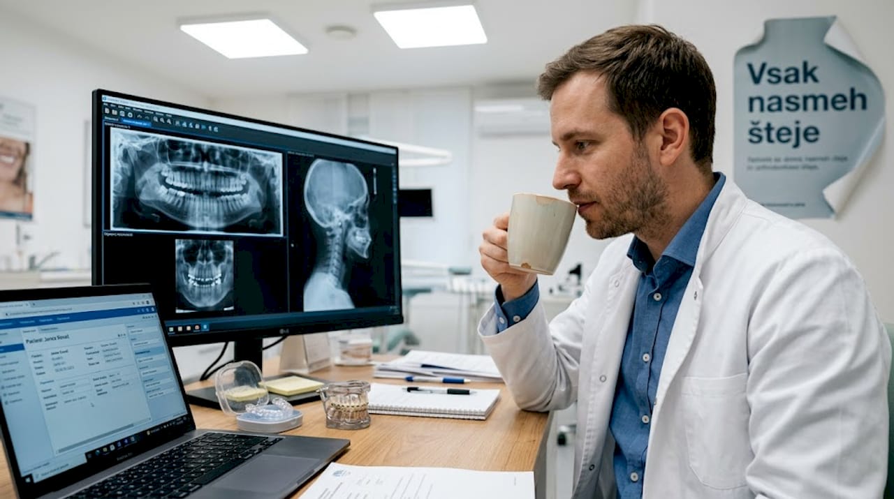 Ortodont sedi za pisalno mizo in pregleduje rentgensko sliko ter zobni aparat.