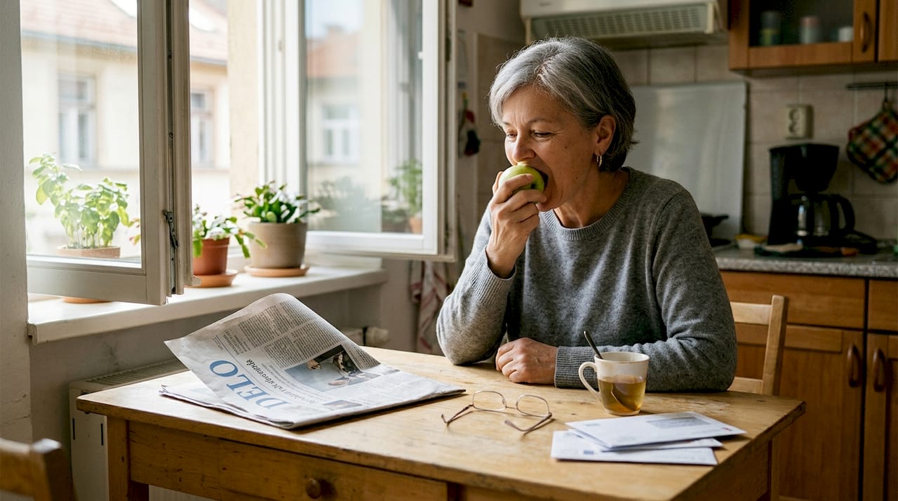 Nasmejana ženska ob kuhinjski mizi uživa v jabolku.