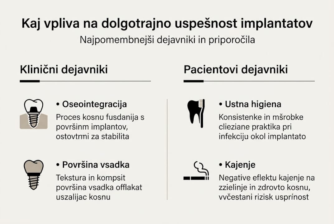 Infografika: ključni dejavniki za uspešno vstavitev zobnih vsadkov
