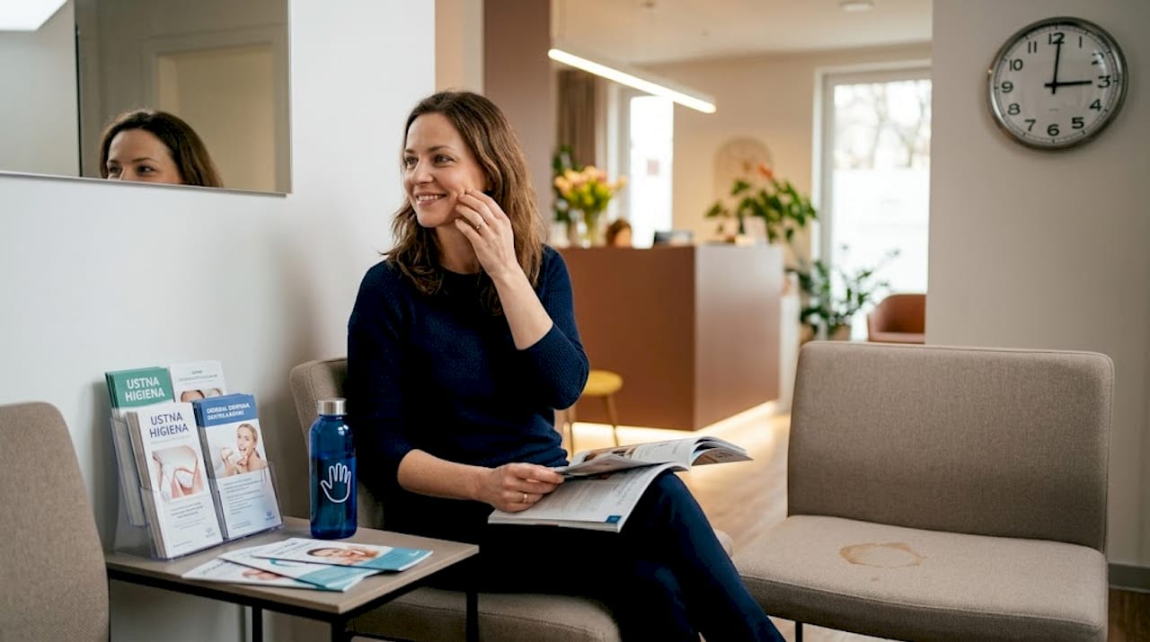 Odrasla gospa čaka na zobozdravstveni pregled v čakalnici.