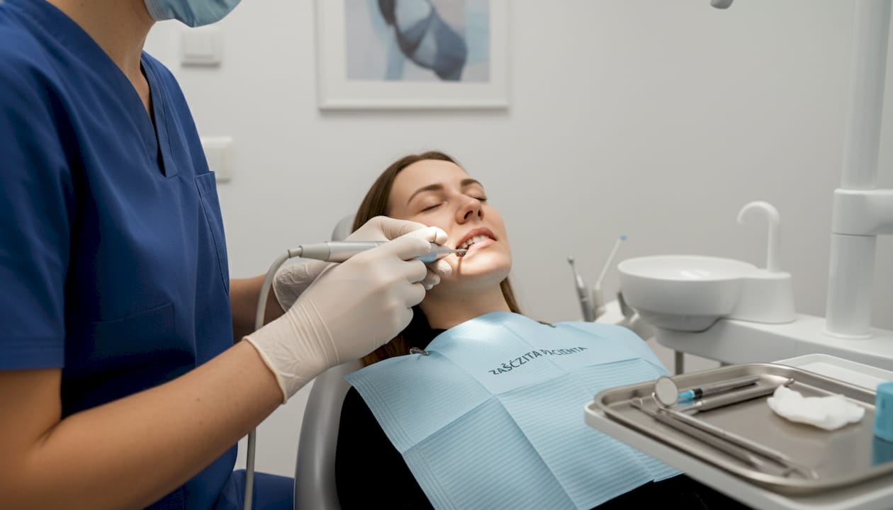 Zobna higieničarka temeljito očisti zobni implantat pri pacientu.