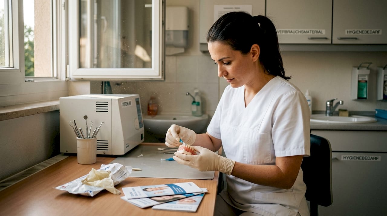 Eine Dentalhygienikerin säubert ein Zahnfleischmodell gründlich.
