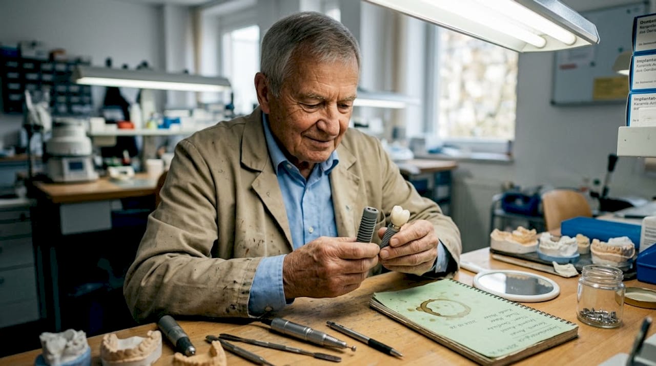 Ein Zahntechniker prüft und vergleicht verschiedene Implantatmodelle auf ihre Passgenauigkeit und Qualität.