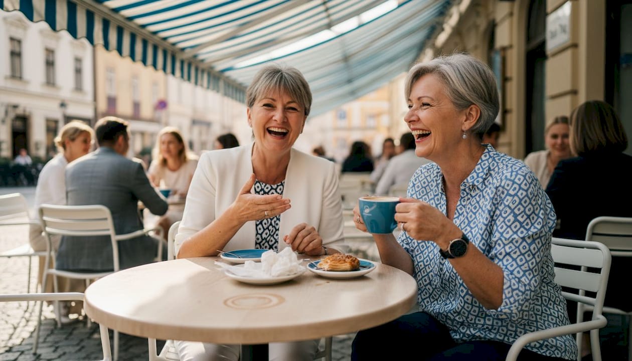 Skupina nasmejanih žensk ob kavi na sončni ljubljanski terasi