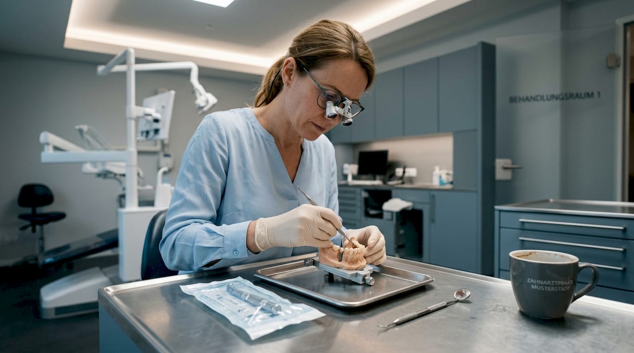 Eine Zahnärztin bereitet im Behandlungszimmer ein Implantat vor.