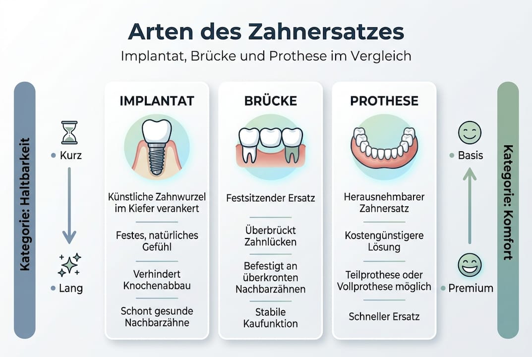 Übersichtsgrafik: Verschiedene Zahnersatz-Lösungen im direkten Vergleich