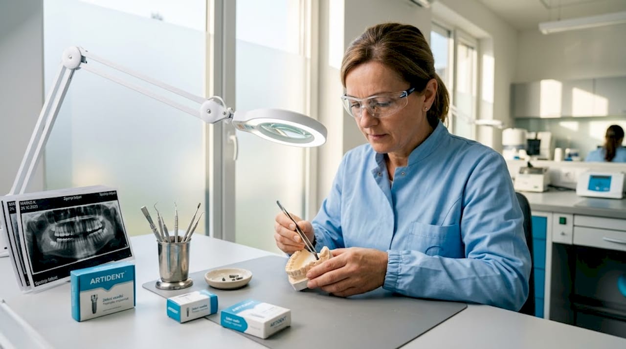 Tehnik vstavi zobni implantat v model čeljusti.