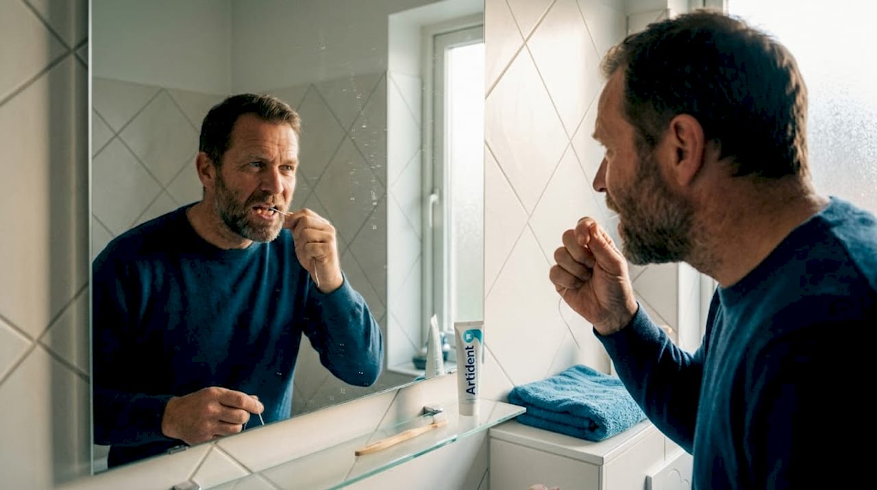 Moški si z zobno nitko čisti zobe.