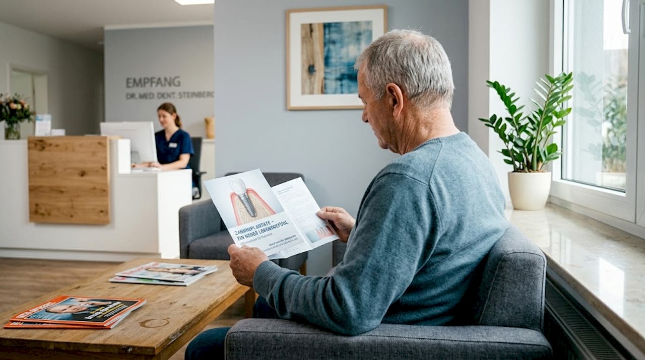 Im Wartezimmer informiert sich ein Patient anhand eines Flyers über Zahnimplantate.