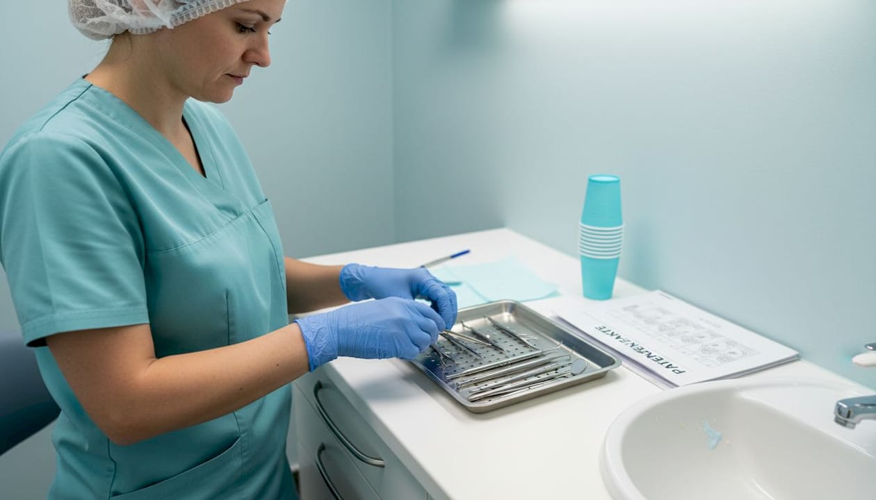 Die Assistenz stellt die Instrumente für das Einsetzen von Zahnimplantaten bereit.