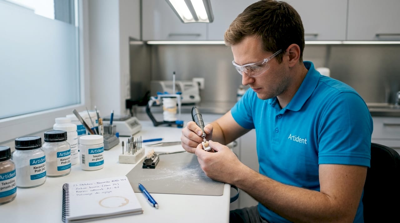 Zobotehnik pripravlja krono za zobni implantat.