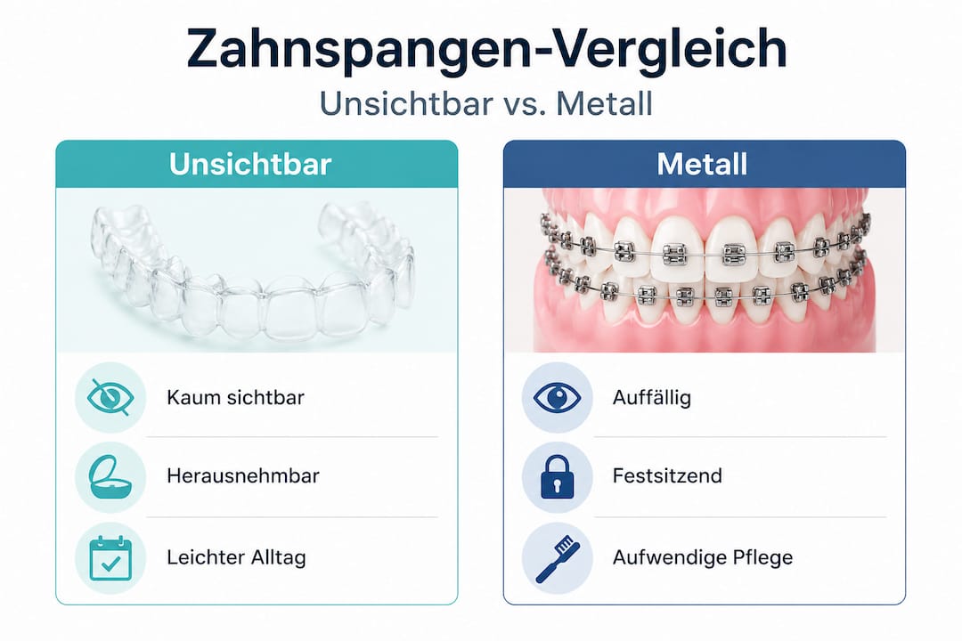 Infografik: Unsichtbare Zahnspange vs. feste Metallspange – ein Überblick der wichtigsten Unterschiede