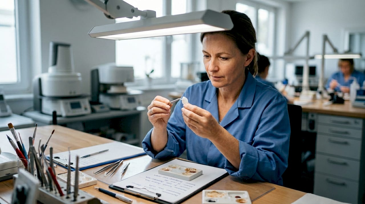 Ein Zahntechniker prüft sorgfältig die Qualität von Keramikveneers.