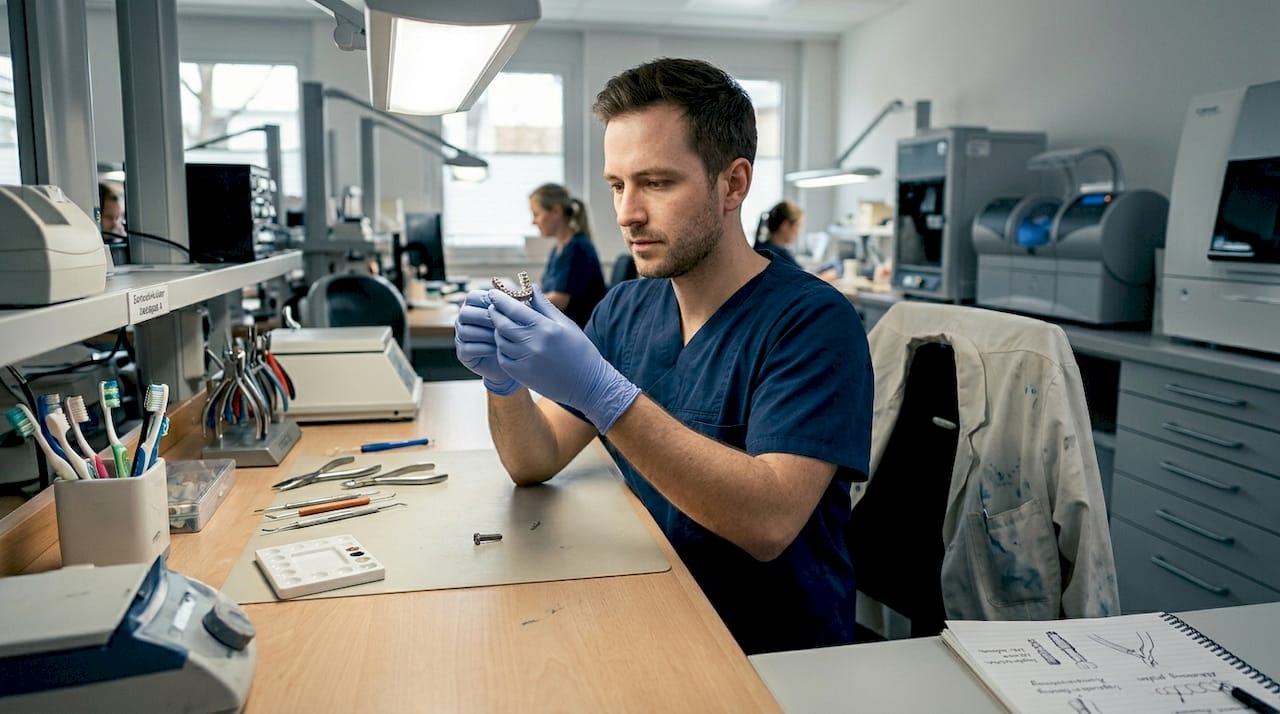 Ein Techniker begutachtet am Labortisch ein Zahnimplantat mit sechs Elementen.