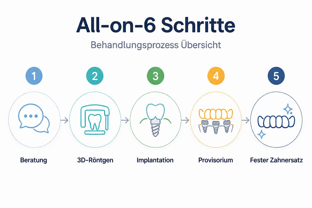 Infografik: Die fünf Schritte zur All-on-6 Behandlung im Überblick