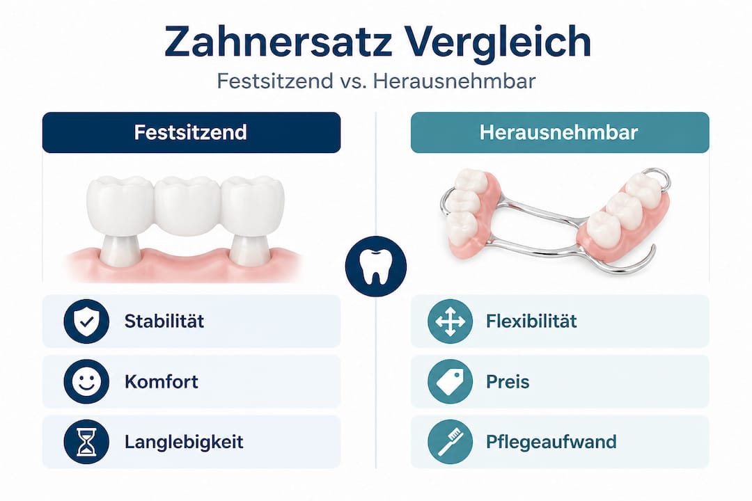 Infografik: Festsitzender oder herausnehmbarer Zahnersatz – ein Vergleich auf einen Blick