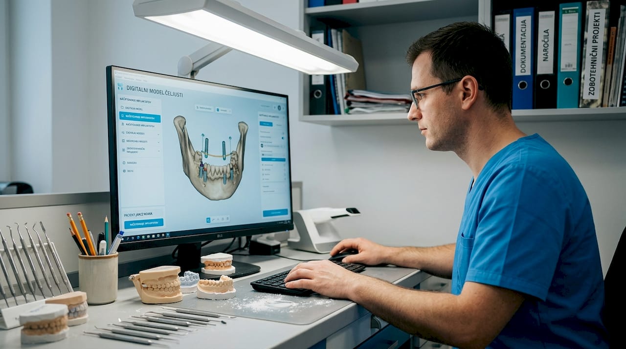 Zobni tehnik pregleda in oceni digitalni odtis, ki je pripravljen za zobne implantate.