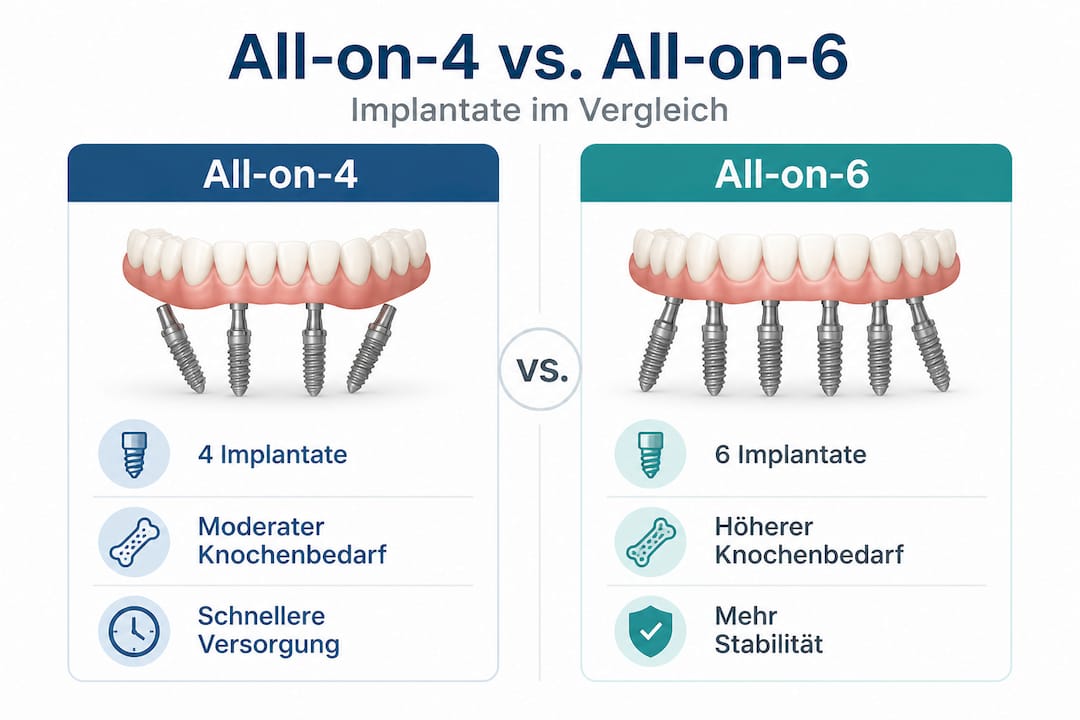 Infografik: Unterschiede zwischen All-on-4- und All-on-6-Implantatsystemen