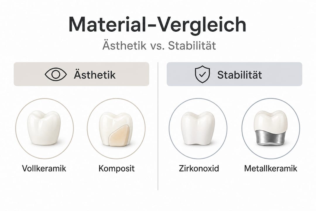 Die Infografik bietet einen übersichtlichen Vergleich der verschiedenen Materialien für Zahnersatz.