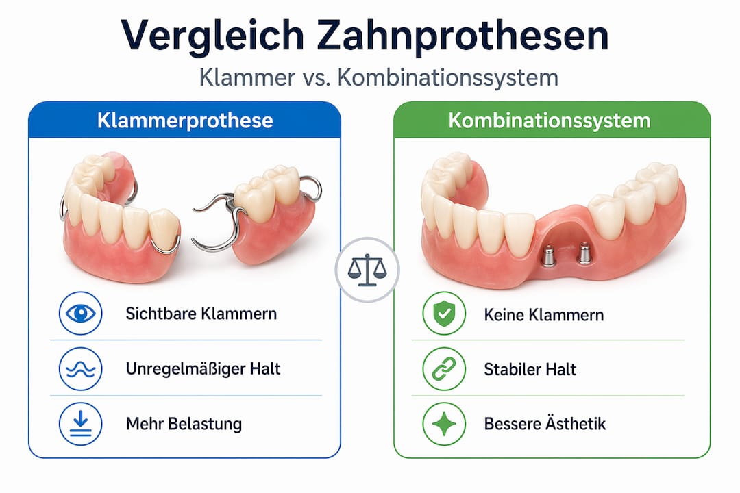 Die Infografik veranschaulicht die Unterschiede zwischen Klammerprothesen und Kombinationsprothesen.