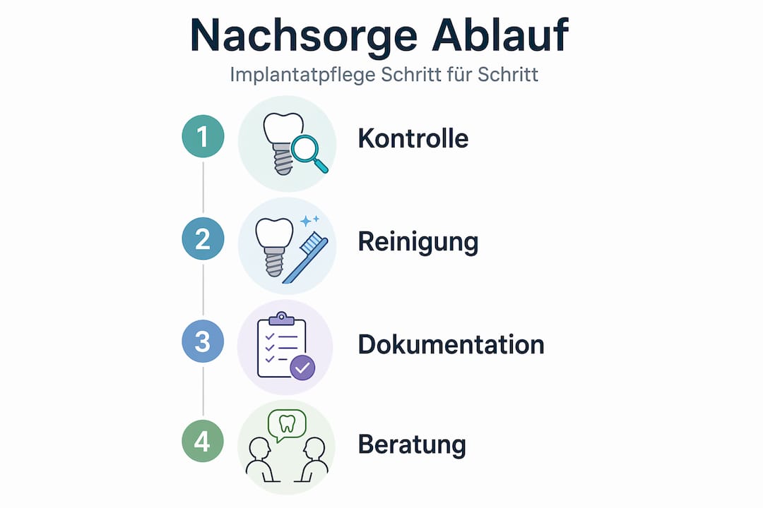 Die Infografik veranschaulicht, wie die Nachsorge nach einer Implantation abläuft.