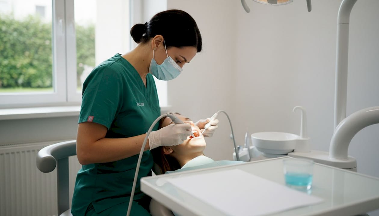Eine Dentalhygienikerin reinigt die Zahnimplantate eines Patienten gründlich.