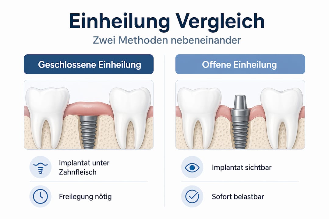 Diese Infografik zeigt die Unterschiede zwischen offener und geschlossener Einheilung auf einen Blick.