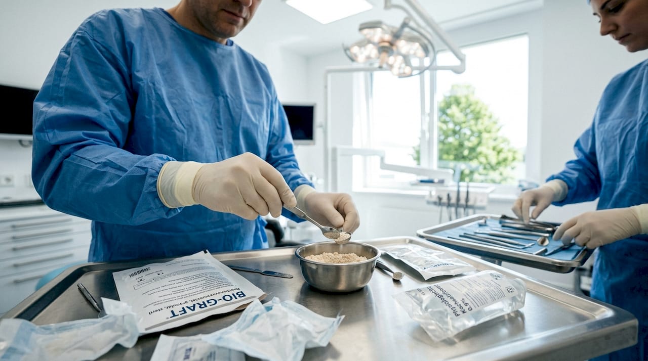 Ein Chirurg bereitet im Operationssaal das Material für eine Knochenimplantation vor.