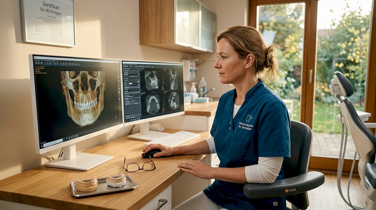 Der Zahnarzt begutachtet die digitale 3D-Röntgenaufnahme (DVT), um die weitere Behandlungsplanung präzise vorzubereiten.