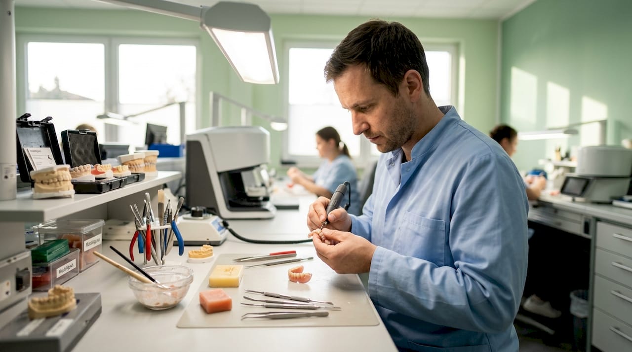 Ein Zahntechniker passt im Labor eine Teilprothese präzise an.