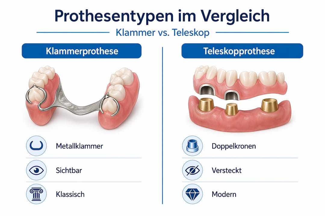 Übersichtsgrafik: Unterschiede zwischen Klammer- und Teleskopprothese auf einen Blick