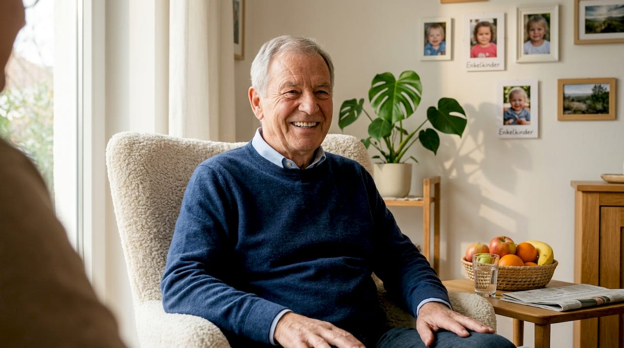 Ein älterer Herr lächelt zufrieden und präsentiert stolz sein Zahnimplantat.