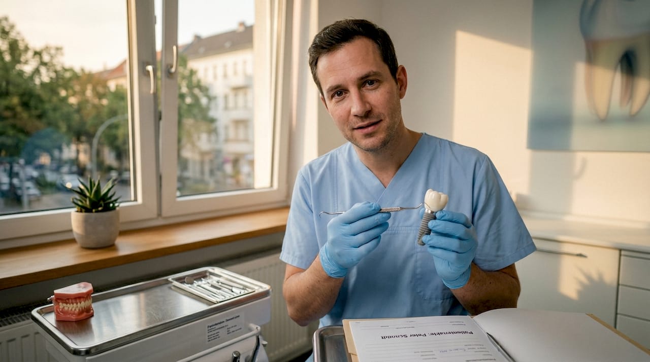 Ein Zahnarzt präsentiert ein Modell eines Keramikimplantats.