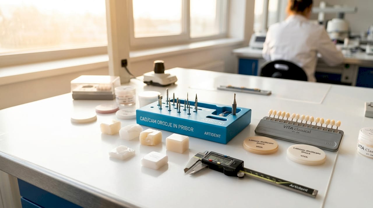 Pogled od blizu na zobozdravstvene materiale in instrumente v laboratoriju