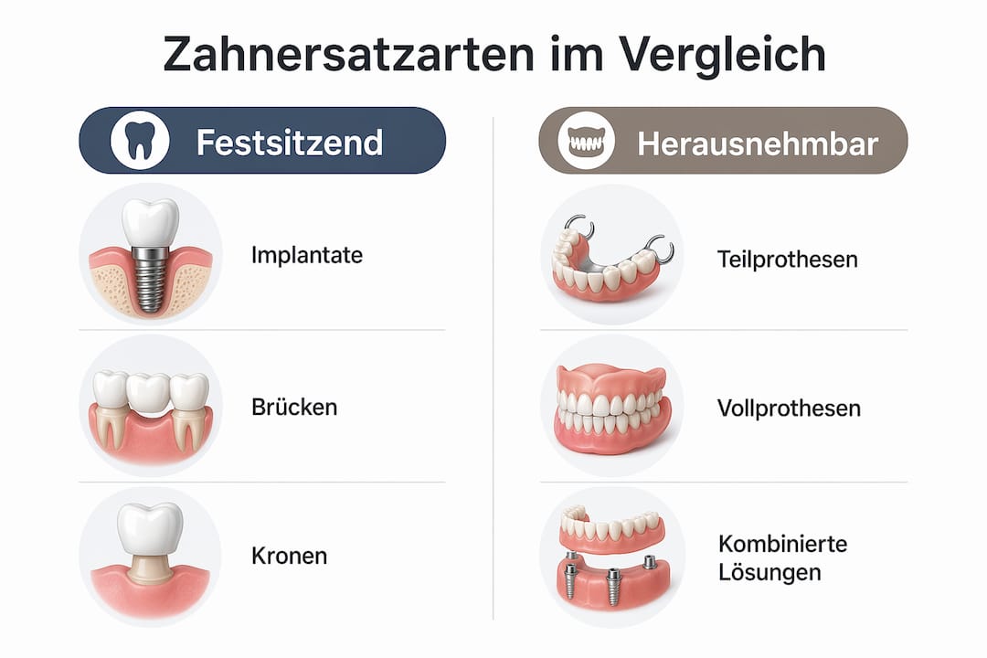 Infografik: Gegenüberstellung von festem und herausnehmbarem Zahnersatz