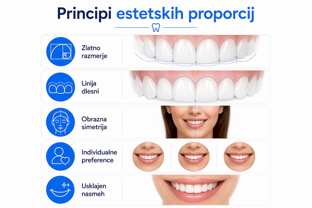Naša infografika na pregleden način ponazarja glavna pravila estetskih razmerij med zobmi v navpičnem zaporedju.