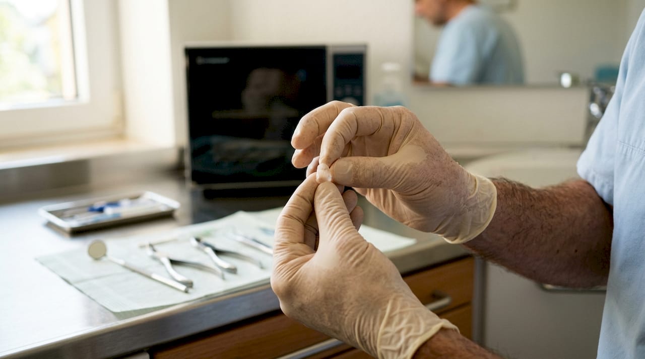 Nahaufnahme: Eine Zahnärztin hält ein Veneer aus Keramik in der Hand.