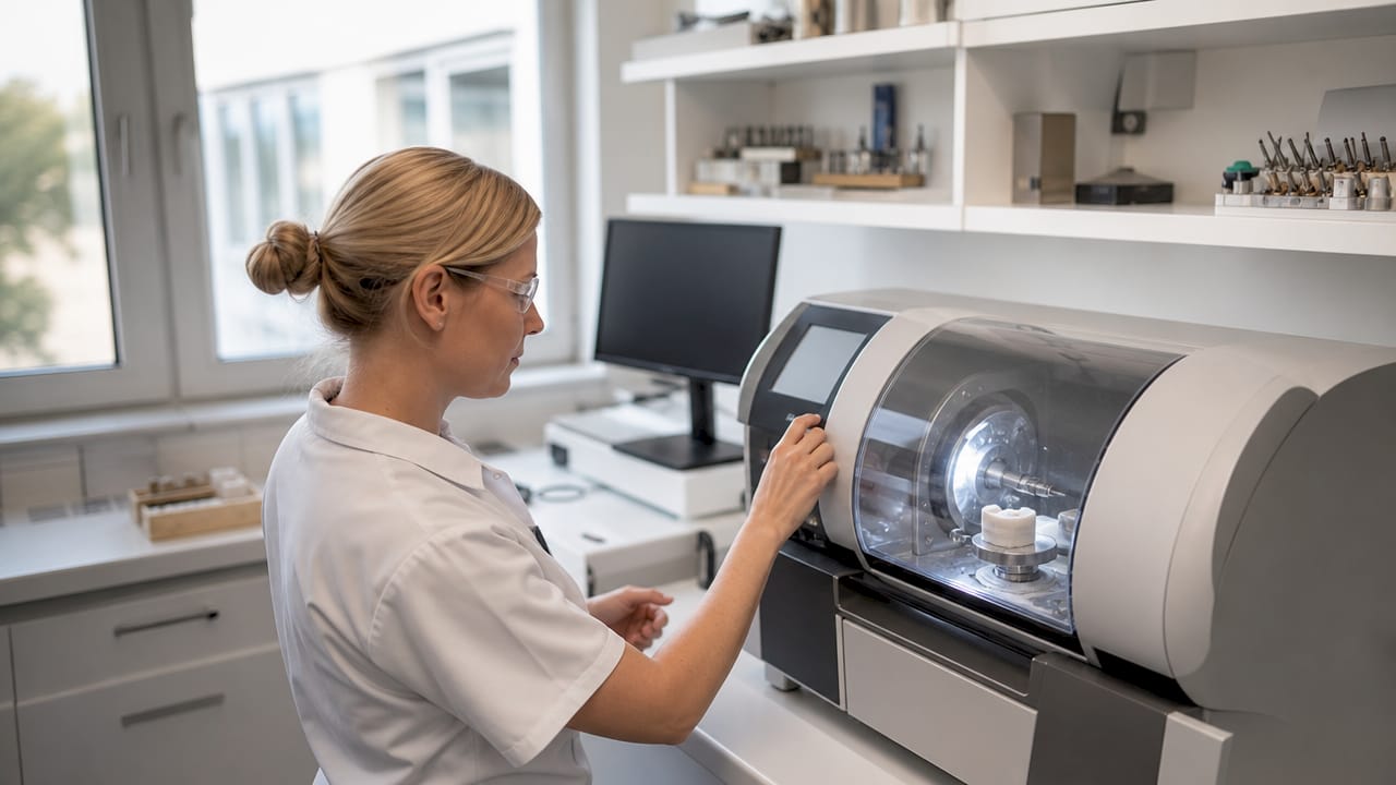 Eine Technikerin steuert im Labor eine moderne CAD/CAM-Fräsanlage.
