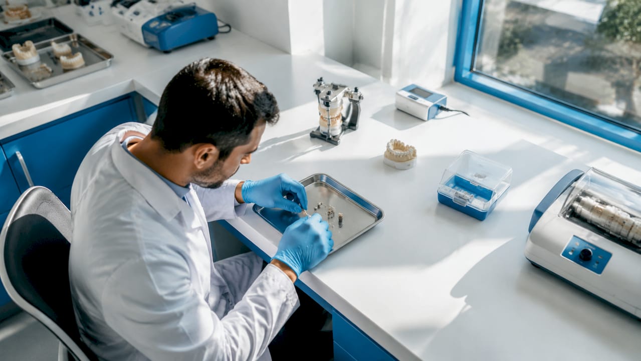 Roke držijo faseto, zobno krono in vijak za implantat