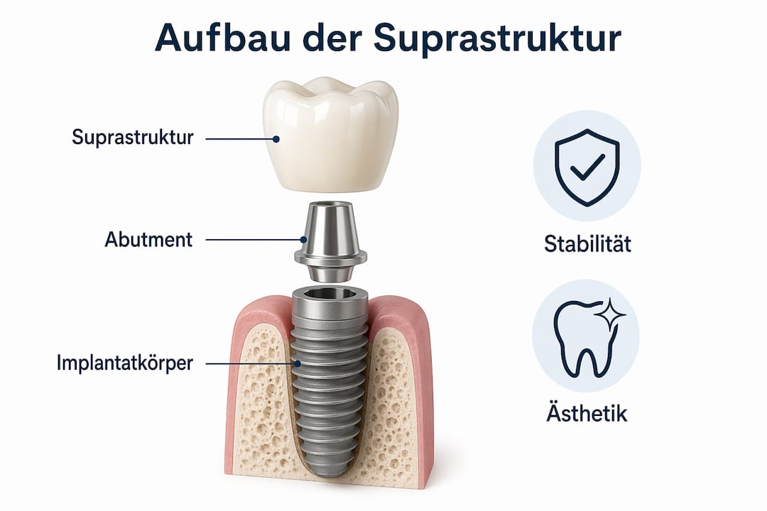 Die Infografik veranschaulicht anschaulich den Aufbau und die Aufgaben der Suprastruktur bei Zahnimplantaten.