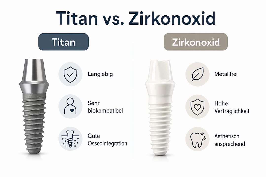 Infografik: Gegenüberstellung von Implantaten aus Titan und Zirkonoxid